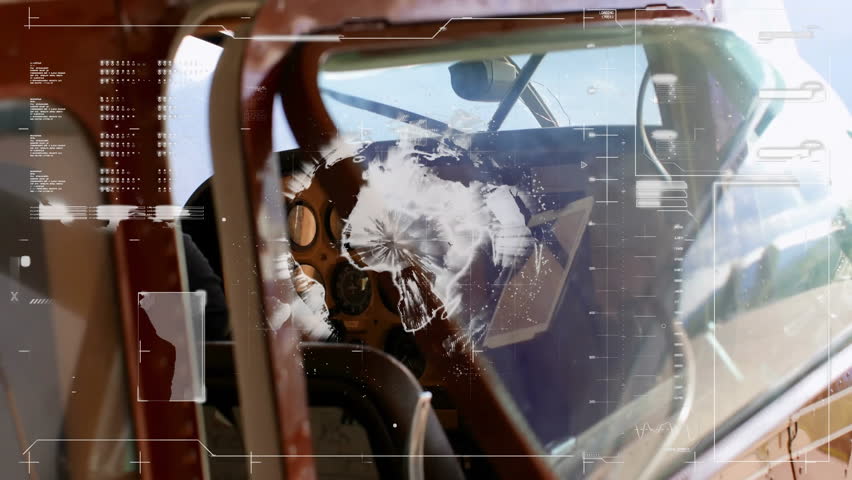 Instrument panel and control yoke showcasing wood finish, round gauges, HUD overlays in 3D render. Aviation, cockpit, aircraft, navigation, technology, travel, adventure