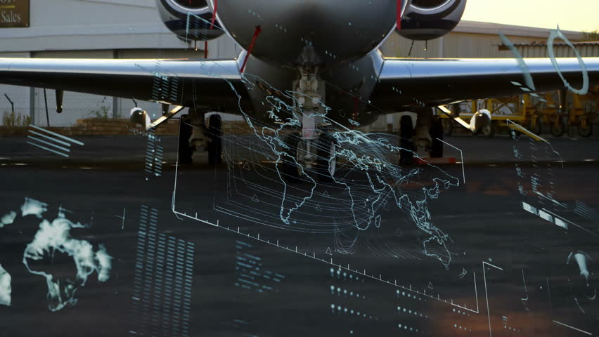 Private business jet nose filling screen, beside turbofan engines, showing digital map overlay. Luxury, aviation, technology, corporate, travel, sleek, modern