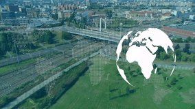 3D render showing digital globe floating over railway tracks and highway overpass, cars moving. Urban, infrastructure, transportation, connectivity, modern, landscape, technological - Powered by Shutterstock - Get 15% off with code: PIKWIZARD15