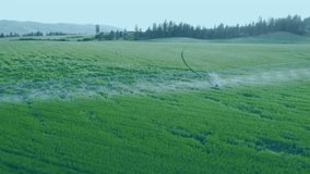 Green crop field getting animated with floating bar charts line graphs globe icons flat design. Agriculture, data visualization, technology, rural, innovation, sustainability, analytics - Powered by Shutterstock - Get 15% off with code: PIKWIZARD15