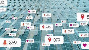 Field of solar panels displaying floating red location pins pink hearts orange bells numeric labels. Renewable energy, technology, data visualization, sustainability, modern, futuristic, digital - Powered by Shutterstock - Get 15% off with code: PIKWIZARD15