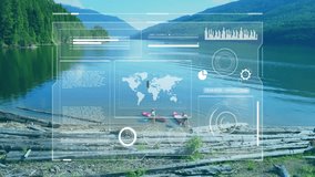 Couple paddling on lake shore, displaying animated graphs and world map overlays for tech briefing. Adventure, outdoor, technology, data, leisure, nature, activity - Powered by Shutterstock - Get 15% off with code: PIKWIZARD15