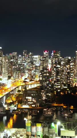 Aerial hyperlapse on downtown of Vancouver at night
