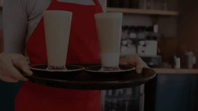 female barista preparing latte cups behind counter presenting tech brain hologram with code text. Cafe, barista, hologram, technology, innovation, modern, warm - Powered by Shutterstock - Get 15% off with code: PIKWIZARD15