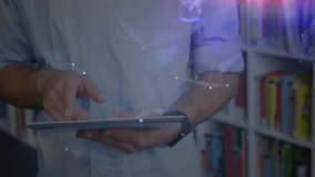 man handling tablet in library, displaying holographic network nodes for education technology. Technology, innovation, futurism, digital, workspace, professional, modern - Powered by Shutterstock - Get 15% off with code: PIKWIZARD15