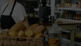 female barista handing coffee cup at wood counter, with network overlay showcasing technology. Cafe, barista, interaction, digital, connectivity, service, hospitality - Powered by Shutterstock - Get 15% off with code: PIKWIZARD15