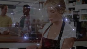 barista preparing coffee behind counter in business cafe, with floating graphs and laptop icons. Coffeehouse, artisanal, vibrant, social, modern, workspace, hospitality - Powered by Shutterstock - Get 15% off with code: PIKWIZARD15