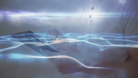 Male professional holding tablet in room, using technology with floating waveforms and binary code. Technology, innovation, futurism, digital, communication, data, science - Powered by Shutterstock - Get 15% off with code: PIKWIZARD15