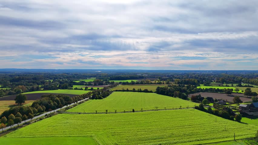Aerial View of Lush Green Fields and Sunny Blue Sky
