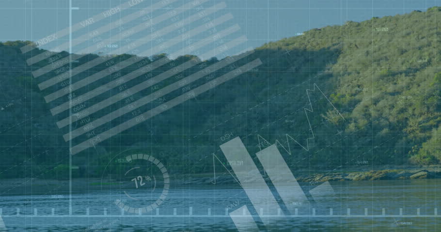 Hillside landscape showing data visualization overlay on calm water with flat design charts. Natural, tranquil, landscape, infographic, data, visualization, minimalistic