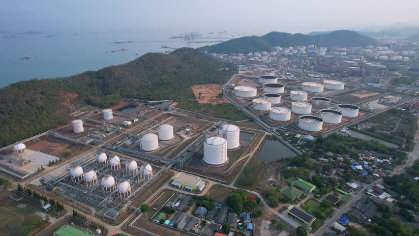 Oil tanks are stored in large oil reserves and refineries.