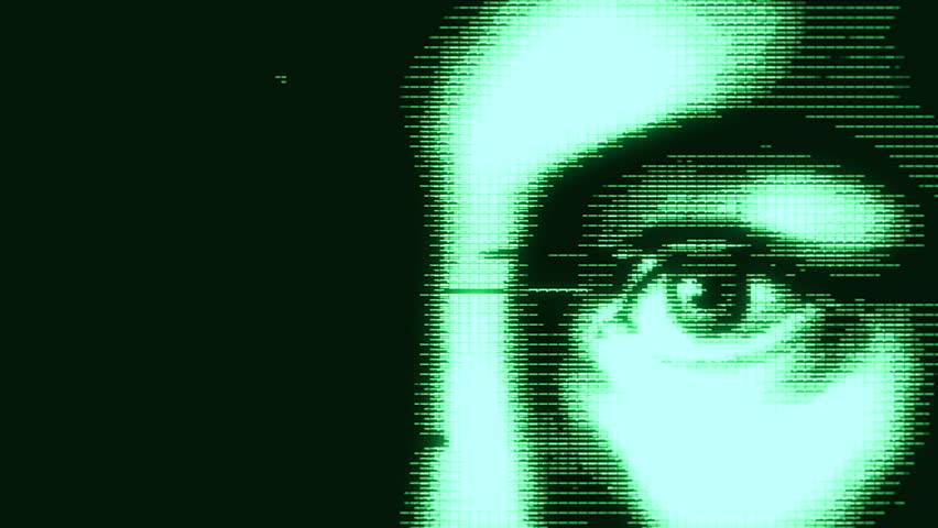 Abstract digital art featuring a pixelated green eye on a dark background, creating a mysterious and engaging visual effect