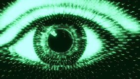 Close-up of a digital eye rendered in green pixels with glitch effects, portraying concepts of vision and technology - Powered by Shutterstock - Get 15% off with code: PIKWIZARD15
