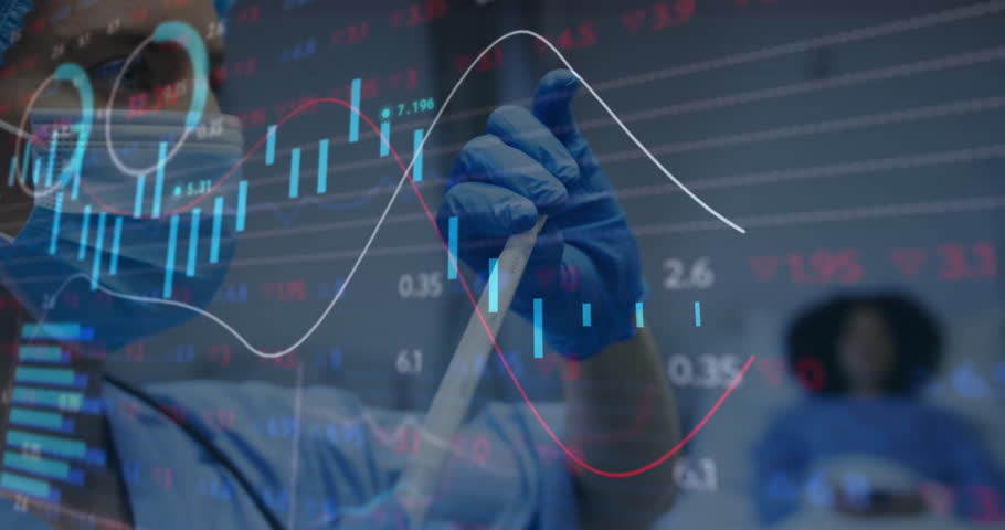 Medical expert interacting with transparent screen in lab, displaying candlestick charts and gauges. Healthcare, technology, analytics, futurism, innovation, research, data visualization