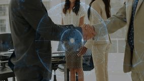Two businessmen shaking hands in corporate room, with floating holographic globe network icons. Partnership, networking, teamwork, innovation, collaboration, digital, professional - Powered by Shutterstock - Get 15% off with code: PIKWIZARD15