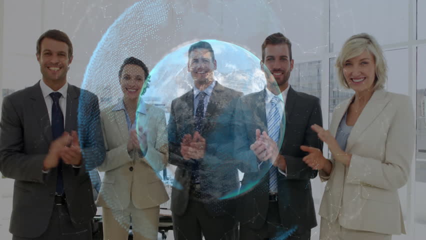 Five coworkers clapping in business conference room, featuring holographic globe with network nodes. Corporate, modern, business, technology, teamwork, collaboration, innovation