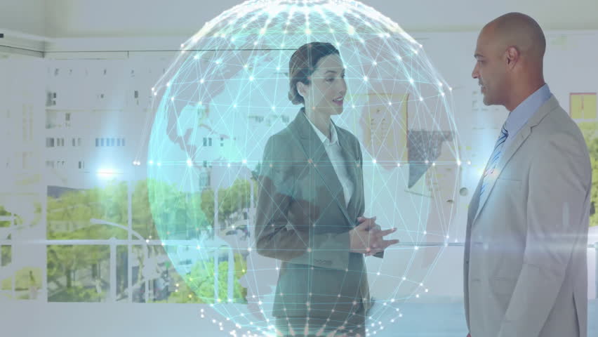 Business professionals shaking hands in meeting area, presenting holographic network globe overlay. Corporate, networking, collaboration, innovation, futuristic, modern, strategy - Powered by Shutterstock - Get 15% off with code: PIKWIZARD15