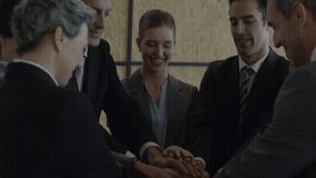 team of business professionals standing in office area, displaying floating binary code graphics. Collaboration, teamwork, corporate, innovation, modern, digital, communication - Powered by Shutterstock - Get 15% off with code: PIKWIZARD15