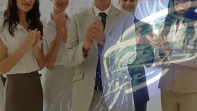 Business team standing in office clapping with swirling digital light trails suggesting technology. Collaboration, achievement, innovation, teamwork, digital, futuristic, professional - Powered by Shutterstock - Get 15% off with code: PIKWIZARD15