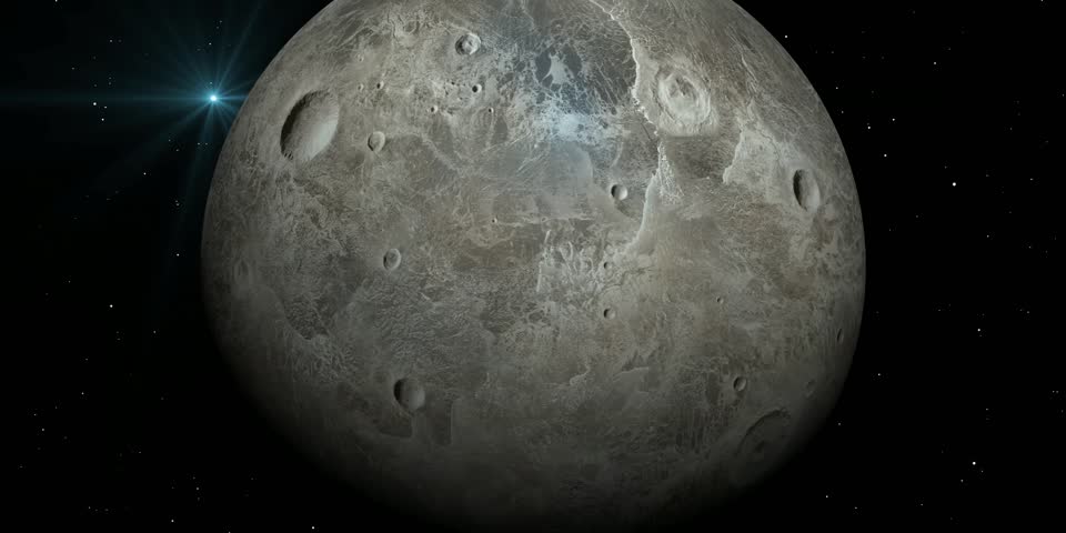 Zoom Out Fictional 3D Render of Ceres-Like Planet in Deep Space.