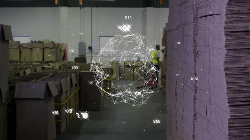 Warehouse worker operating red pallet jack in logistics center, displaying AR network data. Industrial, logistics, technology, inventory, manufacturing, corporate, innovation - Powered by Shutterstock - Get 15% off with code: PIKWIZARD15