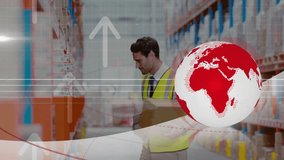 Warehouse worker scanning boxes using scanner in logistics hub, showing animated arrows and globe. Industrial, logistics, distribution, efficiency, technology, inventory, shipping - Powered by Shutterstock - Get 15% off with code: PIKWIZARD15