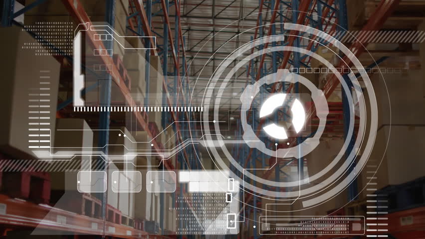 Warehouse showing cardboard boxes and protective bollards flanking aisle with floating HUD overlay. Industrial, logistics, inventory, technology, automation, modern, storage