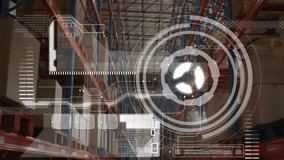 Warehouse showing cardboard boxes and protective bollards flanking aisle with floating HUD overlay. Industrial, logistics, inventory, technology, automation, modern, storage - Powered by Shutterstock - Get 15% off with code: PIKWIZARD15