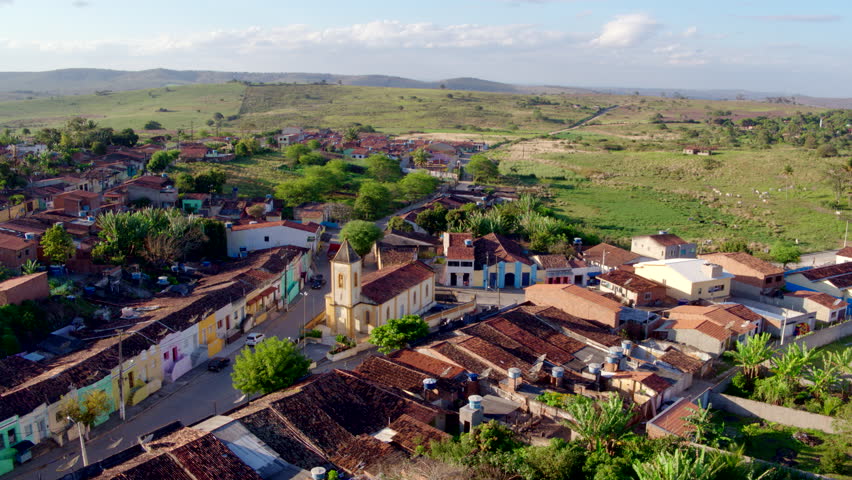 Aerial of Gravatá, bucolic city in inland Pernambuco, Brazil. Church and green nature in the Northeast.