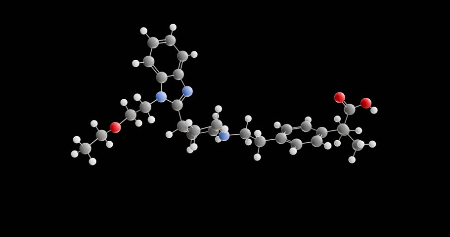 Bilastine molecule, rotating 3D model of antihistamine medication, looped video on a black background