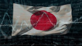 Japanese flag waving over dark interface with candlestick charts, line graphs and ticker symbols. National emblem, financial analytics, data visualization, digital interface, market trends, - Powered by Shutterstock - Get 15% off with code: PIKWIZARD15