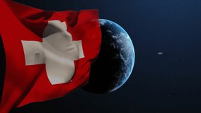 Swiss flag floating left and digital Earth rotating over candlestick bars and line charts. National symbol, technological, global, financial, data visualization, investment, analytic - Powered by Shutterstock - Get 15% off with code: PIKWIZARD15