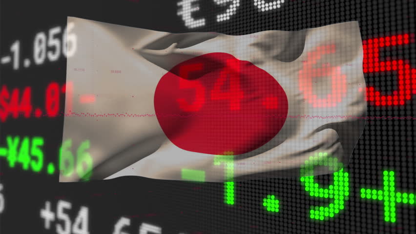 Japanese flag waving over dark stock ticker display showing scrolling green red white LED digits. Patriotism, technology, finance, digital, modern, innovation, corporate