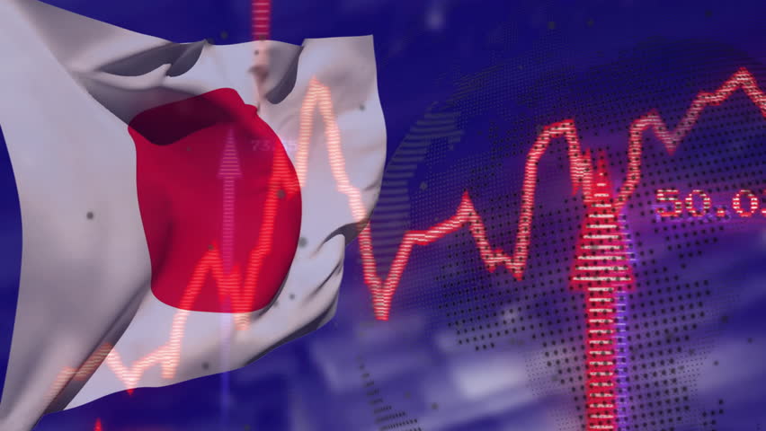 Japanese flag waving left as code snippets overlaying dashboard with red line chart rising falling. National symbol, data visualization, digital interface, financial analytics, modern design, - Powered by Shutterstock - Get 15% off with code: PIKWIZARD15