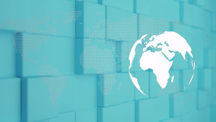 White globe being highlighted on turquoise 3D cube wall, dotted world map emphasizing network. Futuristic, geometric, digitalart, hi-tech, connectivity, modern, abstract