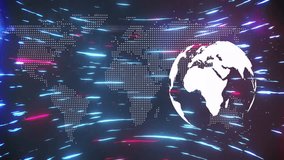 Digital globe silhouette moving alongside neon color trails dotted map streaming over dark backdrop. Futuristic, technology, data, network, vibrant, dynamic, cyber - Powered by Shutterstock - Get 15% off with code: PIKWIZARD15