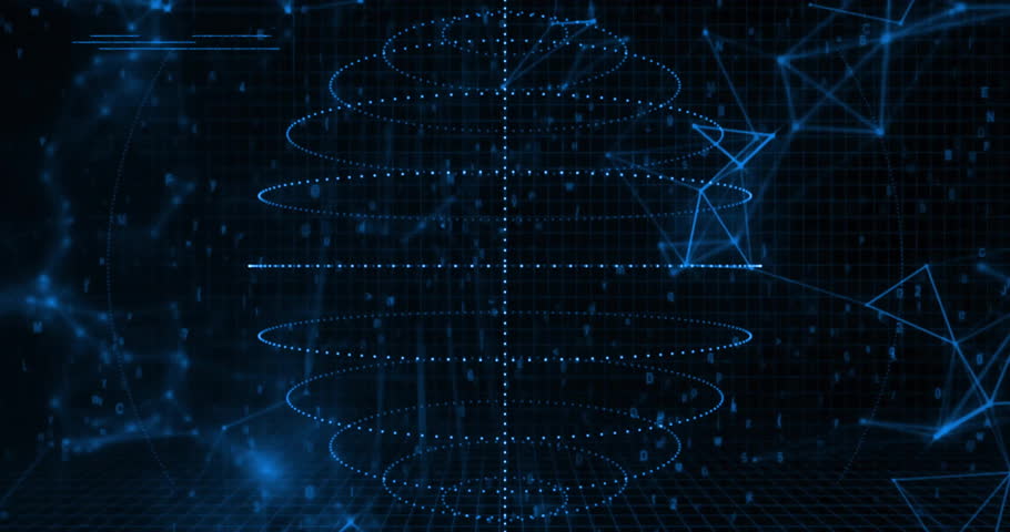 Vertical column featuring glowing blue code floating in orbital paths pie chart spheres over grid. Cyber, technology, futuristic, data, digital, network, abstract