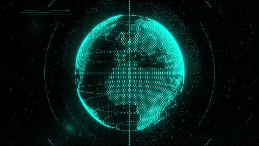 Central glowing clock interface circling above spherical grid with neon code streams drifting in 3D. Futuristic, technology, digital, interface, neon, immersive, cyberpunk