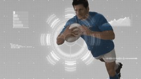 male athlete holding rugby ball crouching on grid showcasing sports technology HUD and data charts. Athlete, sports, performance, biomechanics, analytics, innovation, fitness - Powered by Shutterstock - Get 15% off with code: PIKWIZARD15