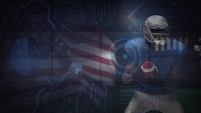 Football player holding ball on field, showcasing sports tech with HUD charts and flag. Athlete, innovation, digital, technological, sport, performance, futuristic - Powered by Shutterstock - Get 15% off with code: PIKWIZARD15