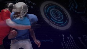 Football player sprinting in sports analytics simulation, showing graph overlay and circular HUD. Athlete, performance, futuristic, technology, competition, motion, digital - Powered by Shutterstock - Get 15% off with code: PIKWIZARD15