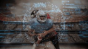 Male athlete gripping football in stadium, showing technology data sphere with floating code. Athlete, sports, competition, digital, cyber, futuristic, innovation - Powered by Shutterstock - Get 15% off with code: PIKWIZARD15