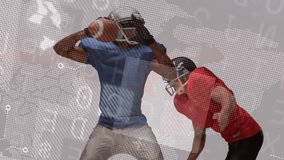 Football players executing tackle play on sports simulation stage, with floating target graphics. Athletic, competition, digital, futuristic, strategy, teamwork, technology - Powered by Shutterstock - Get 15% off with code: PIKWIZARD15