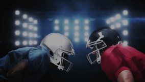 Two helmeted football players facing off on field, showing sports tech with scrolling code overlay. Athletics, competition, digital, futuristic, intensity, teamwork, sport - Powered by Shutterstock - Get 15% off with code: PIKWIZARD15