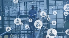 business professional exploring network graph in lobby, with animated icons and glowing lines. Digital, connectivity, modern, corporate, technology, communications, futuristic - Powered by Shutterstock - Get 15% off with code: PIKWIZARD15