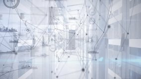 data center corridor showing server rack icons, network nodes and bar charts in flat design. Technology, digital, connectivity, futurism, network, innovation, data - Powered by Shutterstock - Get 15% off with code: PIKWIZARD15