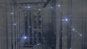 Animated illustration showing glowing network nodes streaming data across rows of server racks. Futuristic, technology, cybersecurity, connectivity, digital, innovation, infrastructure - Powered by Shutterstock - Get 15% off with code: PIKWIZARD15