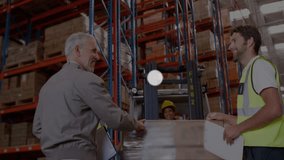 Warehouse team handling pallets and driving forklift while network icons showing digital teamwork. Industrial, teamwork, logistics, automation, connectivity, collaboration, efficiency - Powered by Shutterstock - Get 15% off with code: PIKWIZARD15