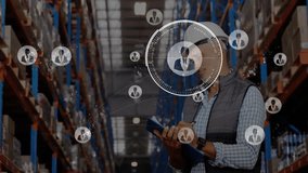 Logistics inspector monitoring inventory in warehouse, interacting with data overlays and icons. Automation, supply chain, industrial, logistics, management, digital, technology - Powered by Shutterstock - Get 15% off with code: PIKWIZARD15