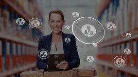 Woman holding tablet managing warehouse inventory, showing floating network icons over boxes. Technology, logistics, data, organization, industrial, efficiency, digital - Powered by Shutterstock - Get 15% off with code: PIKWIZARD15